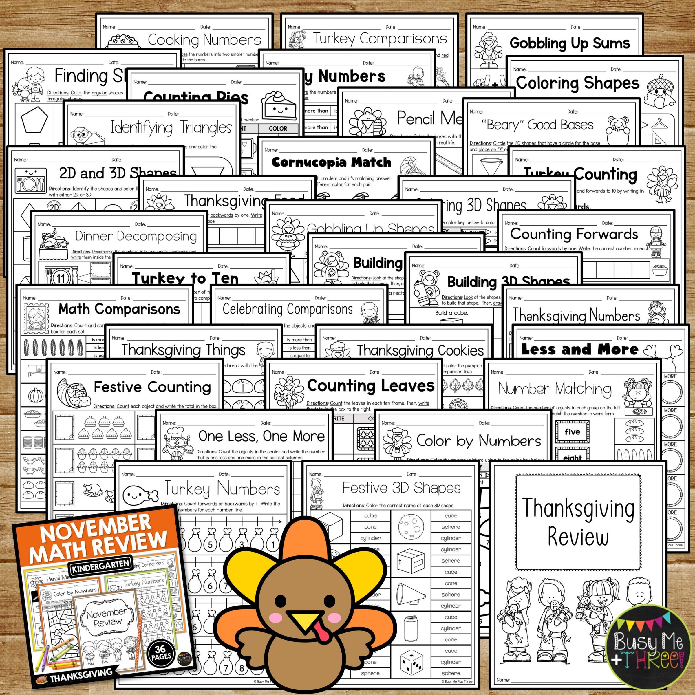 Kindergarten Thanksgiving Math Worksheets No Prep November Review ...
