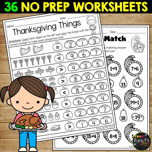 Kindergarten Thanksgiving Math Worksheets No Prep November Review ...