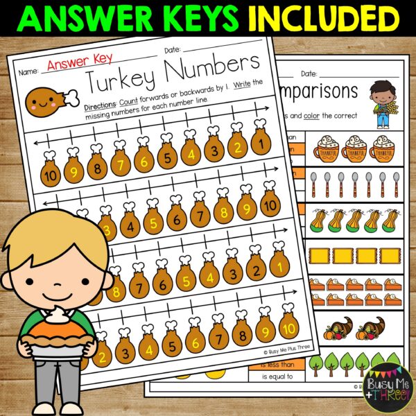 Kindergarten Thanksgiving Math Worksheets No Prep November Review ...