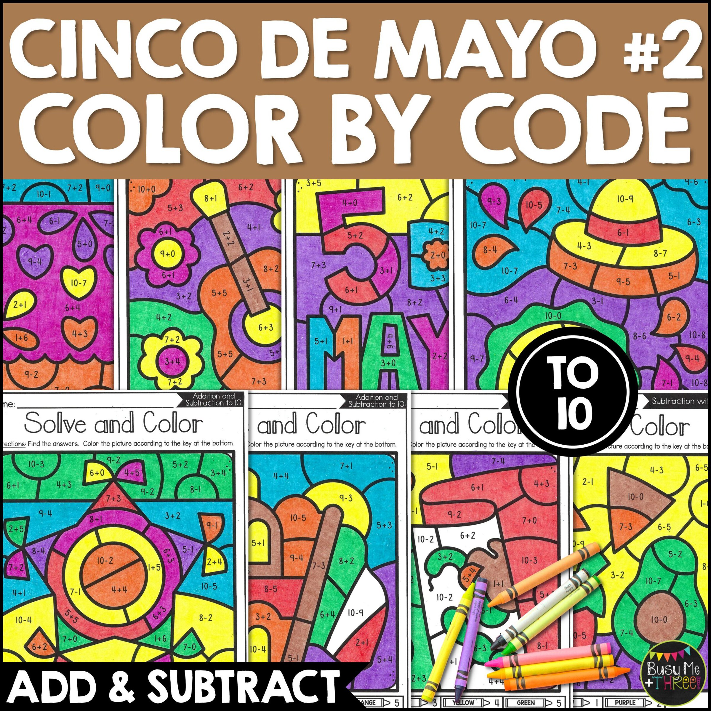 Cinco de Mayo Color by Code Addition Subtraction to 10 K-1
