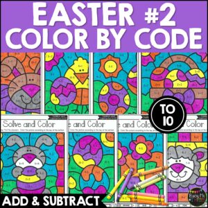 Easter Color by Code Addition Subtraction to 10 Worksheets K-1