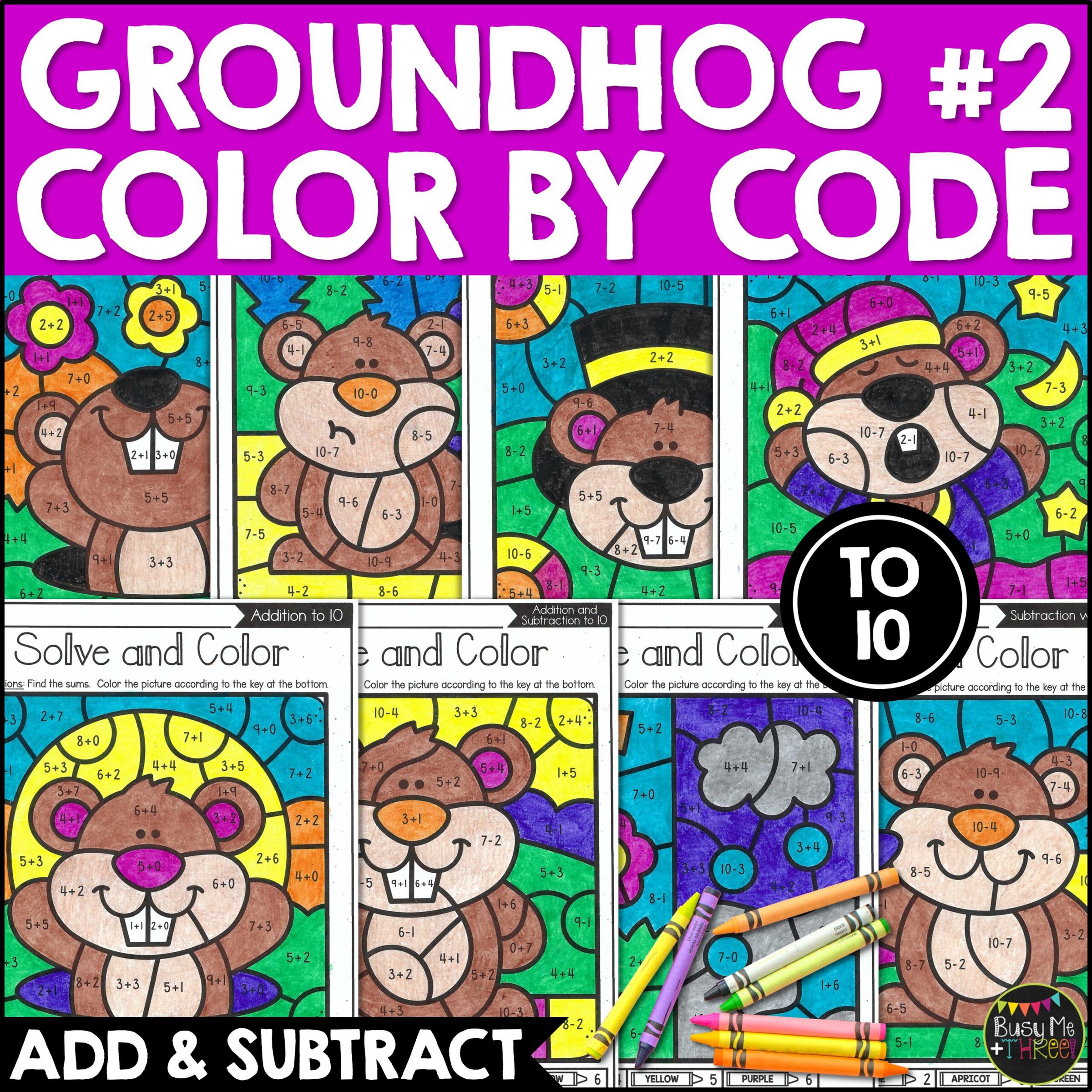 Groundhog Day Color by Code Addition Subtraction to 10 K-1