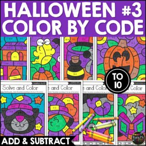Halloween Color by Code Math Worksheets to 10 K-1