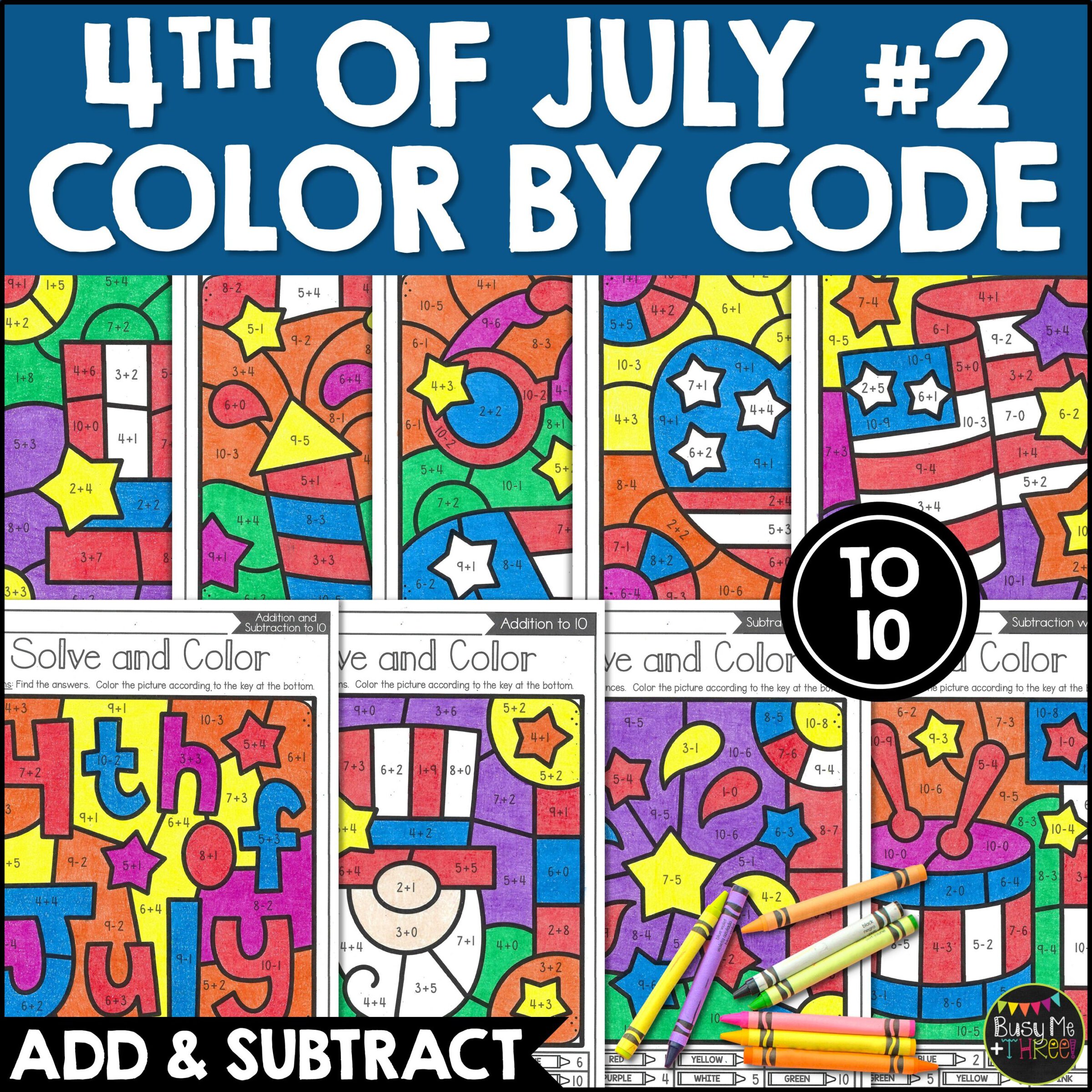 4th of July Color by Code Math K-1 Addition and Subtraction to 10