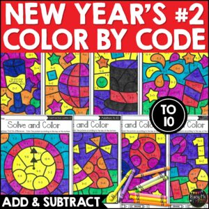 New Year's Color by Code Add and Subtract to 10