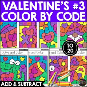 Valentine's Day Color by Number Add and Subtract to 20