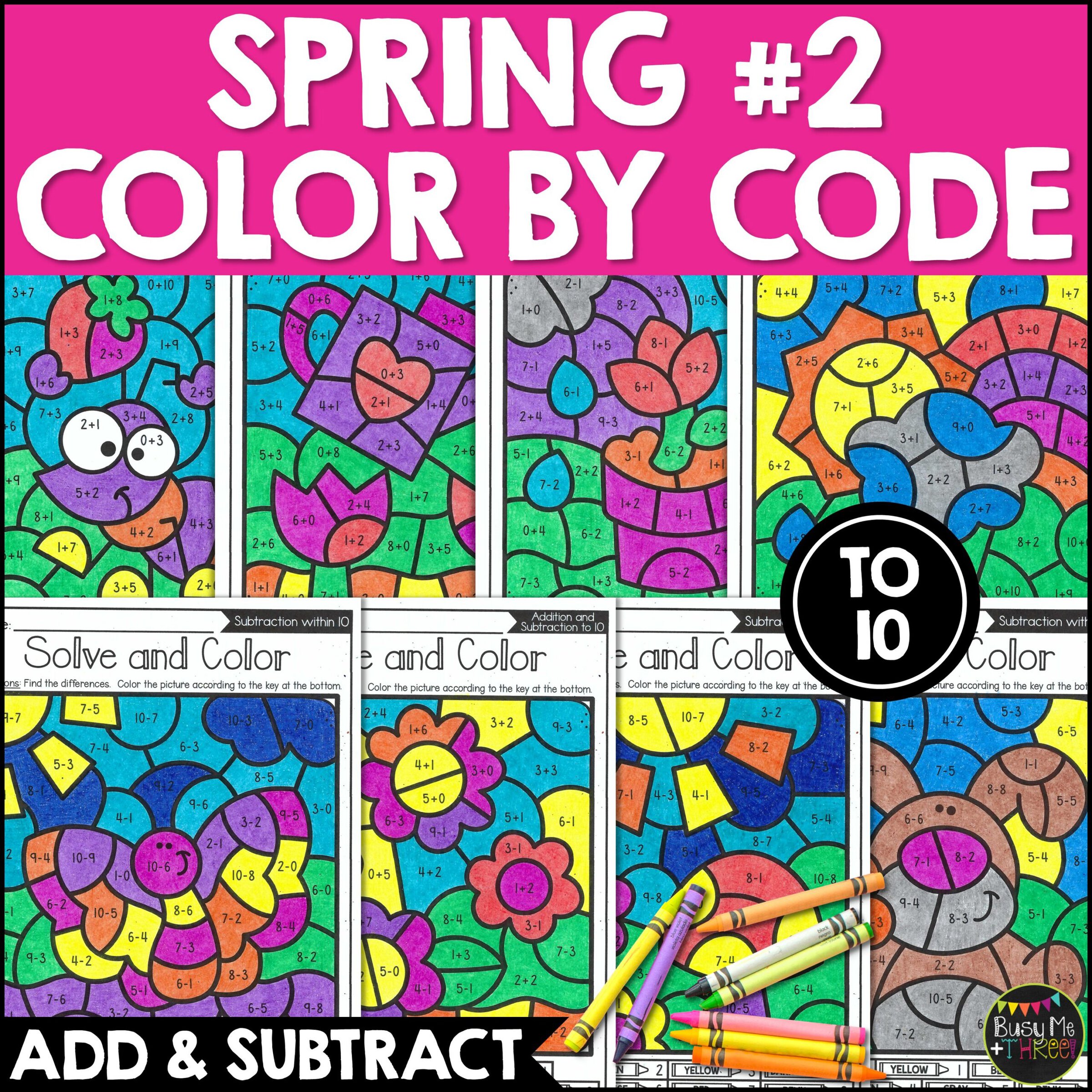 Spring Color by Code Add & Subtract Math Worksheets