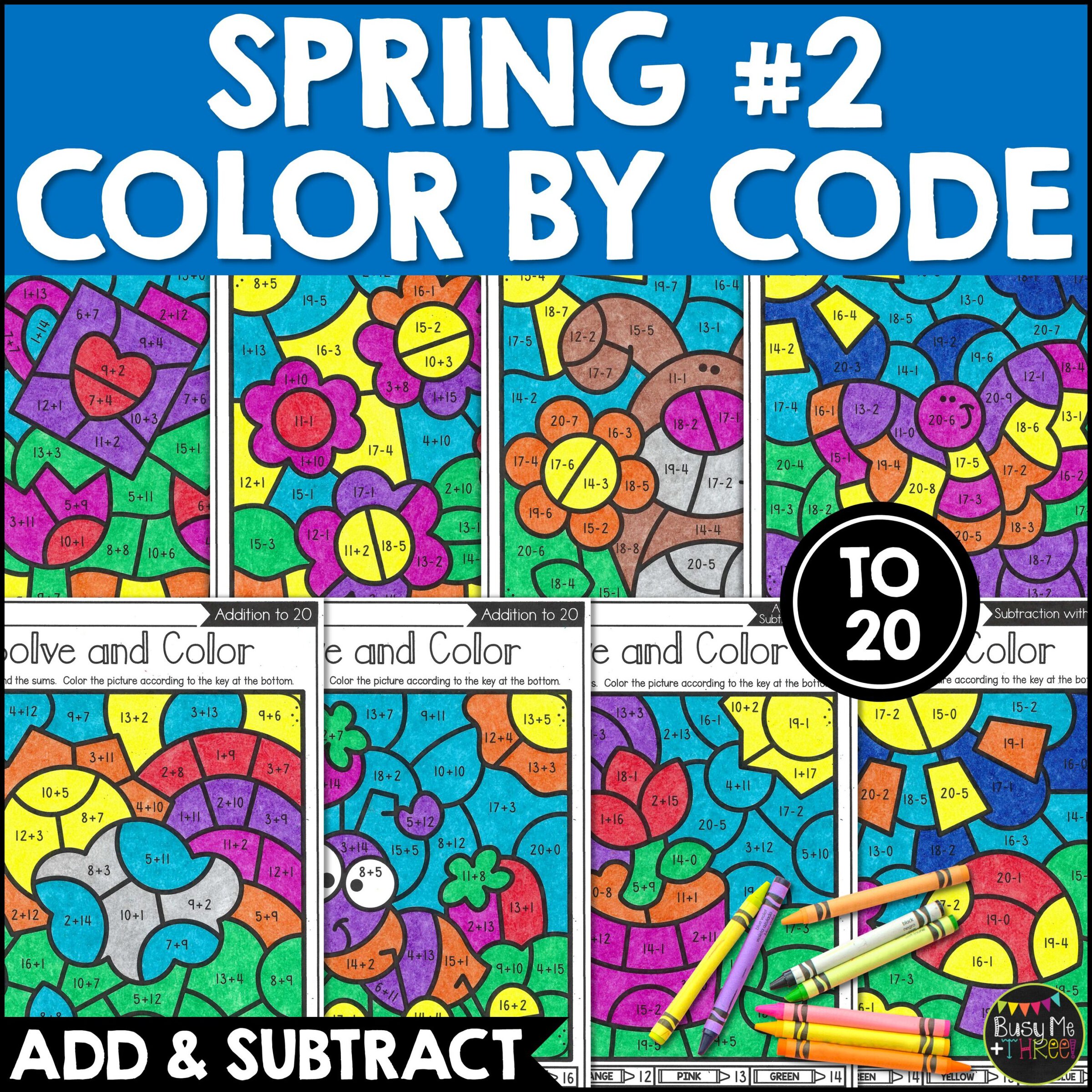 Spring Color by Code Add Subtract to 20 Worksheets
