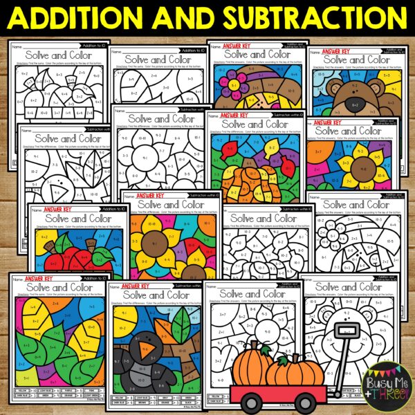 Fall Color by Code Math Worksheets K-1 Add Subtract - Teaching Ideas ...