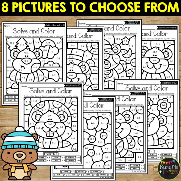 Groundhog Day Color by Code Addition Subtraction to 10 K-1 - Teaching ...
