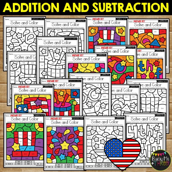 4th of July Color by Code Math K-1 Addition and Subtraction to 10 ...
