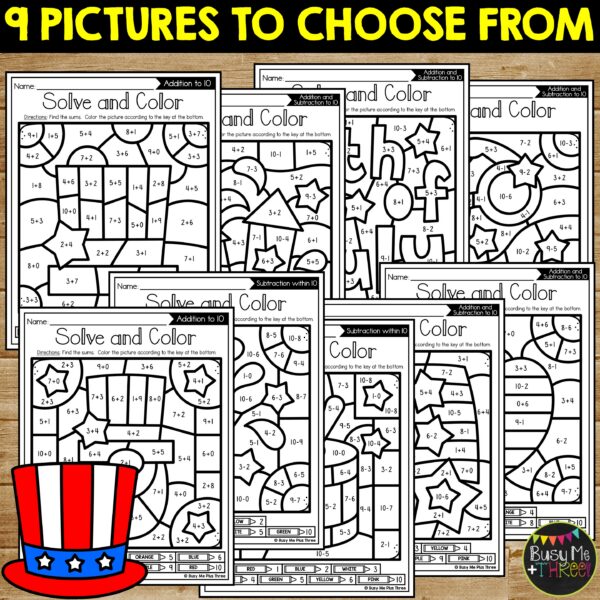 4th of July Color by Code Math K-1 Addition and Subtraction to 10 ...