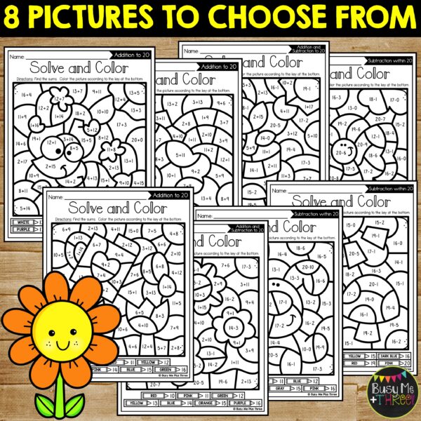 Spring Color by Code Add Subtract to 20 Worksheets - Teaching Ideas ...