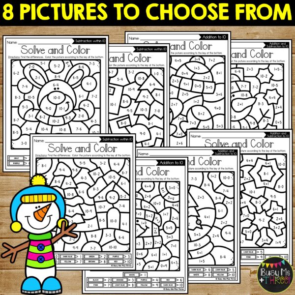 Winter Color by Code Addition Subtraction to 10 - Teaching Ideas Made Easy