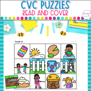 CVC Words Picture Puzzles for kindergarten literacy centers featuring decoding, blending, phonics practice, and early reading activities.