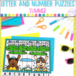 Summer Alphabet and Number Puzzles for kindergarten literacy centers and math centers featuring letter recognition, number recognition, counting, and summer learning activities.