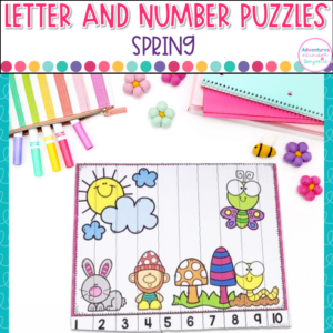 Spring Alphabet and Number Puzzles for kindergarten literacy and math centers featuring letter recognition, number recognition, counting skills, and hands-on spring learning activities.