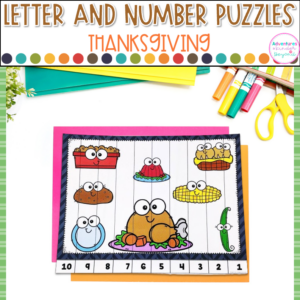 Thanksgiving Alphabet and Number Puzzles for kindergarten literacy and math centers featuring letter recognition, number recognition, counting skills, and hands-on Thanksgiving learning activities.