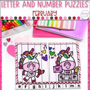 February Alphabet and Number Puzzles for kindergarten literacy and math centers featuring letter recognition, number recognition, counting skills, and hands-on February learning activities.