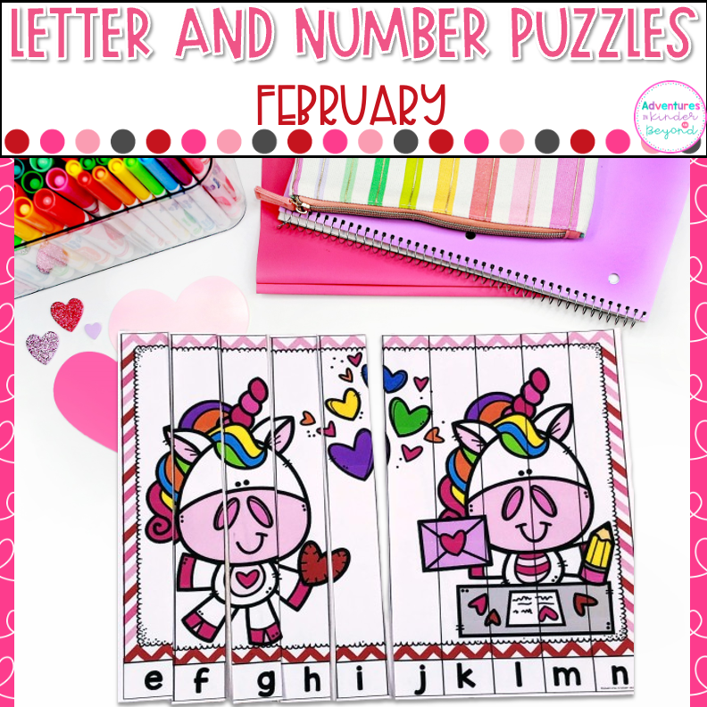 February Alphabet and Number Puzzles for kindergarten literacy and math centers featuring letter recognition, number recognition, counting skills, and hands-on February learning activities.