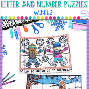 Winter Alphabet and Number Puzzles for kindergarten literacy and math centers featuring letter recognition, number recognition, counting skills, and hands-on winter learning activities.