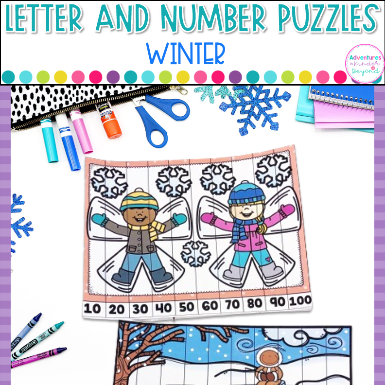 Winter Alphabet and Number Puzzles for kindergarten literacy and math centers featuring letter recognition, number recognition, counting skills, and hands-on winter learning activities.