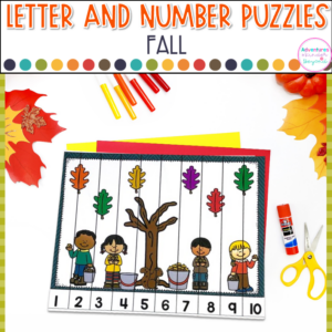 Fall Alphabet and Number Puzzles for kindergarten literacy and math centers featuring letter recognition, number recognition, counting skills, and hands-on fall learning activities.