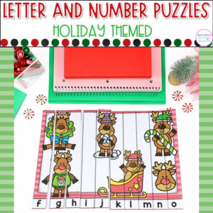 Holiday Alphabet and Number Puzzles for kindergarten literacy and math centers featuring letter recognition, number recognition, counting skills, and hands-on holiday learning activities.
