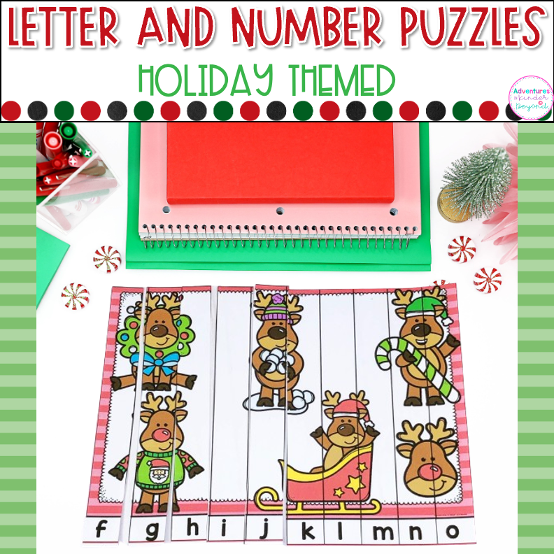 Holiday Alphabet and Number Puzzles for kindergarten literacy and math centers featuring letter recognition, number recognition, counting skills, and hands-on holiday learning activities.