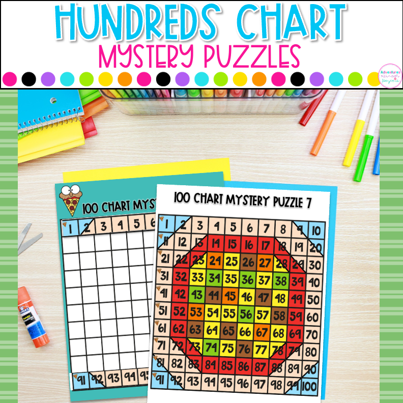 Hundreds Chart Mystery Puzzles for kindergarten and first grade students featuring food-themed mystery pictures, number recognition, counting to 100, and number sense activities.