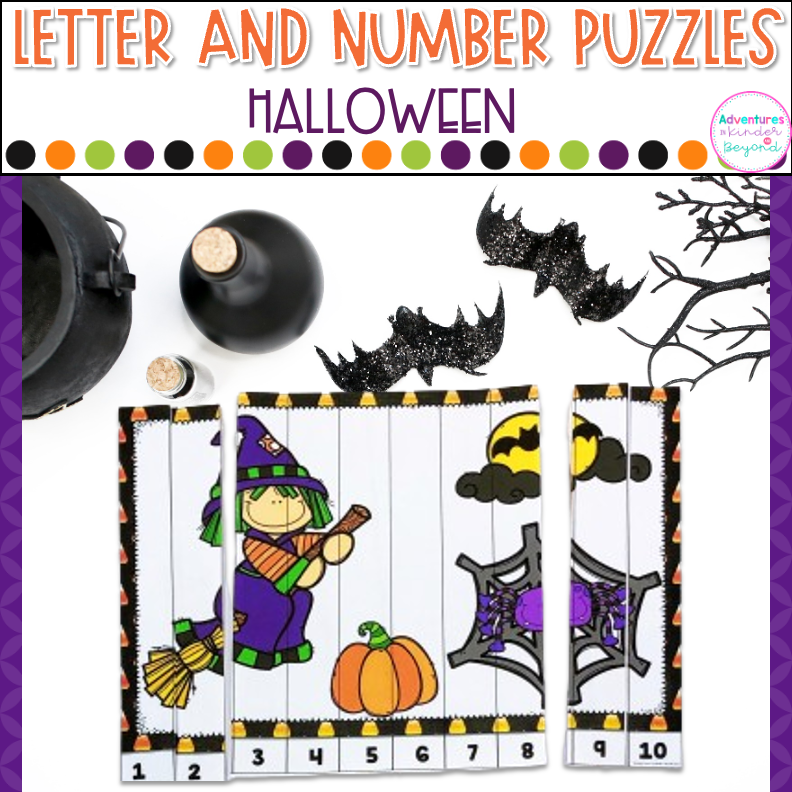 Halloween Alphabet and Number Puzzles for kindergarten literacy and math centers featuring letter recognition, number recognition, counting skills, and hands-on Halloween learning activities.