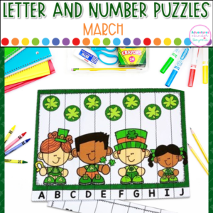 St. Patrick's Day Alphabet and Number Puzzles for kindergarten literacy and math centers featuring letter recognition, number recognition, counting skills, and hands-on March learning activities.