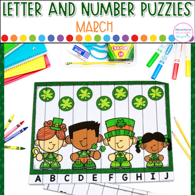 St. Patrick's Day Alphabet and Number Puzzles for kindergarten literacy and math centers featuring letter recognition, number recognition, counting skills, and hands-on March learning activities.