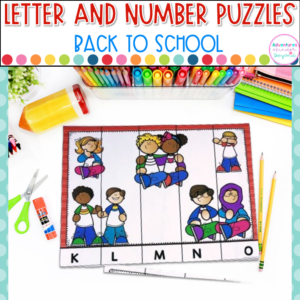 Back to School Alphabet and Number Puzzles for kindergarten literacy and math centers featuring letter recognition, number recognition, counting skills, and beginning-of-the-year learning activities.