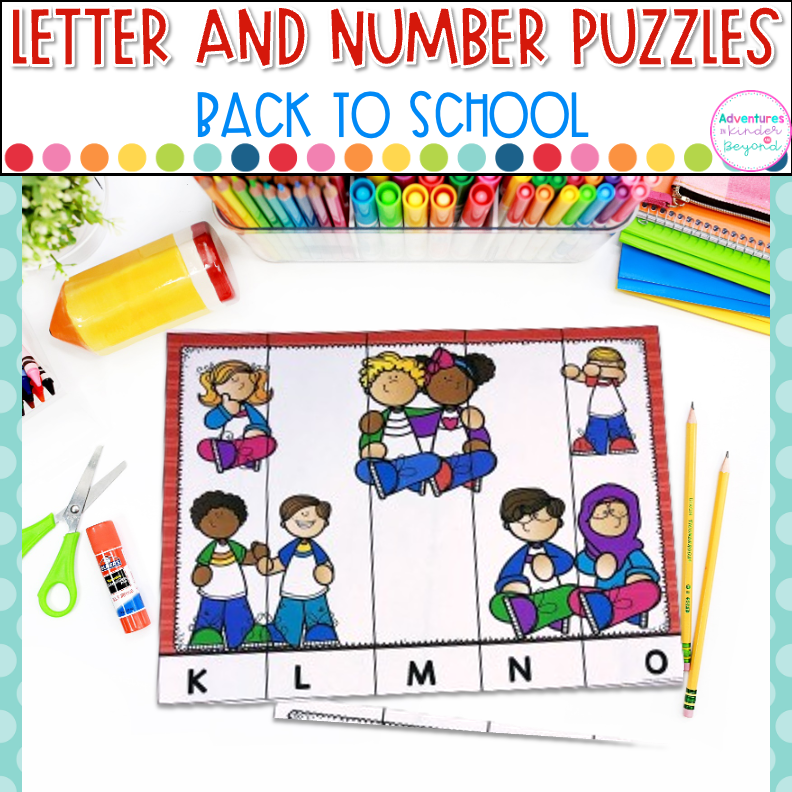Back to School Alphabet and Number Puzzles for kindergarten literacy and math centers featuring letter recognition, number recognition, counting skills, and beginning-of-the-year learning activities.