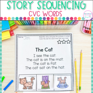 CVC short stories and sequencing activities for kindergarten reading comprehension and decodable reading practice