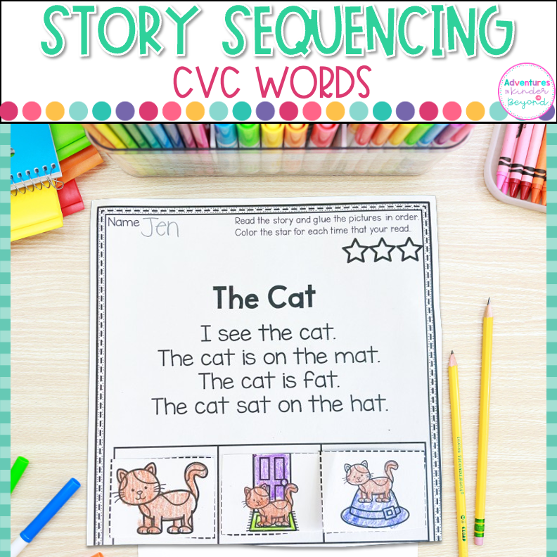 CVC short stories and sequencing activities for kindergarten reading comprehension and decodable reading practice