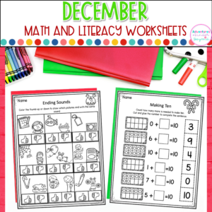 December kindergarten worksheets with holiday-themed math and literacy activities for morning work and independent practice in kindergarten classrooms.