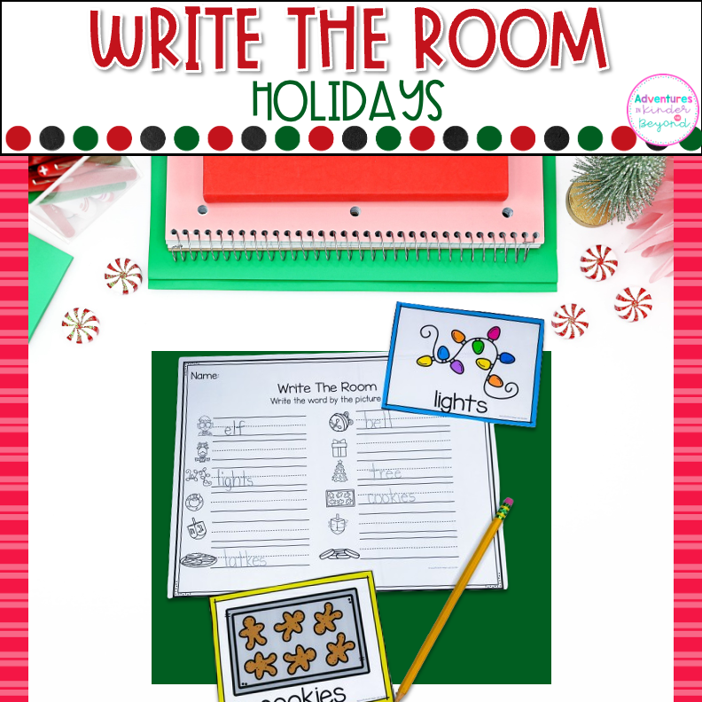 Holiday Write the Room activity featuring Christmas, Hanukkah, and Kwanzaa vocabulary words for kindergarten literacy and writing centers.