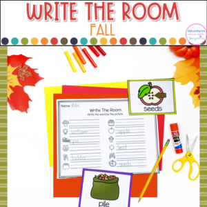 Fall Write the Room sound mapping activity for kindergarten students practicing phonemic awareness, phonics, and orthographic mapping skills.