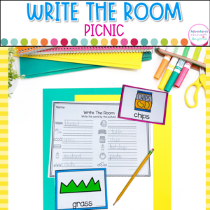 Picnic Write the Room activity for kindergarten featuring spring vocabulary words, writing practice, and literacy center activities for May.