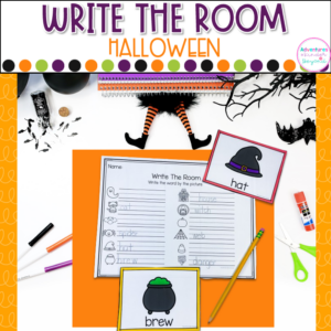 Halloween Write the Room activity for kindergarten featuring seasonal vocabulary words, writing practice, and literacy center activities.