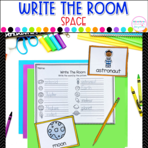 Space Write the Room activity for kindergarten featuring outer space vocabulary words, writing practice, and literacy center activities.