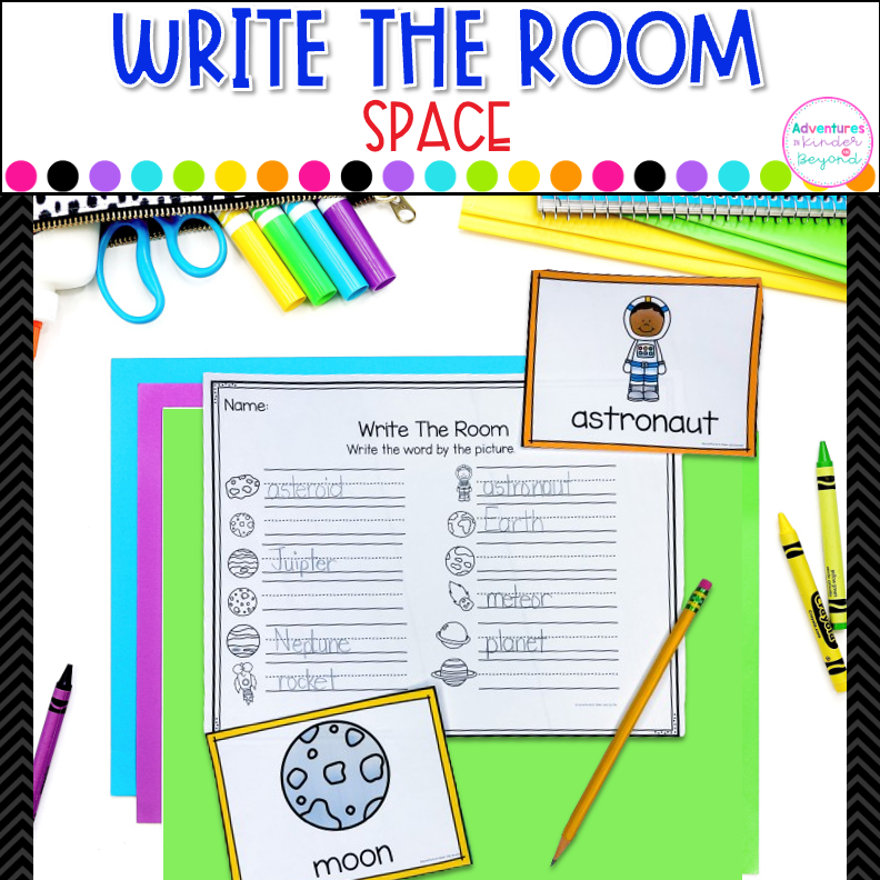 Space Write the Room activity for kindergarten featuring outer space vocabulary words, writing practice, and literacy center activities.