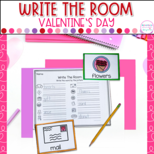 Valentine's Day Write the Room activity for kindergarten featuring themed vocabulary words, writing practice, and literacy center activities.
