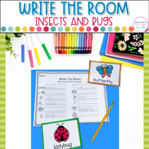 Insects and Bugs Write the Room activity for kindergarten featuring bug vocabulary words, writing practice, and literacy center activities.