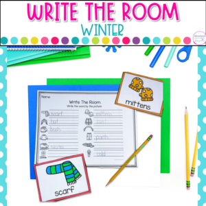 Winter Write the Room activity for kindergarten featuring winter vocabulary words, writing practice, and literacy center activities.