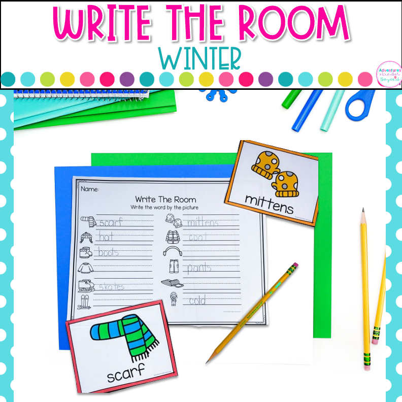 Winter Write the Room activity for kindergarten featuring winter vocabulary words, writing practice, and literacy center activities.