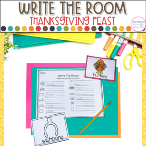 Thanksgiving Write the Room activity for kindergarten featuring seasonal vocabulary words, writing practice, and literacy center activities.