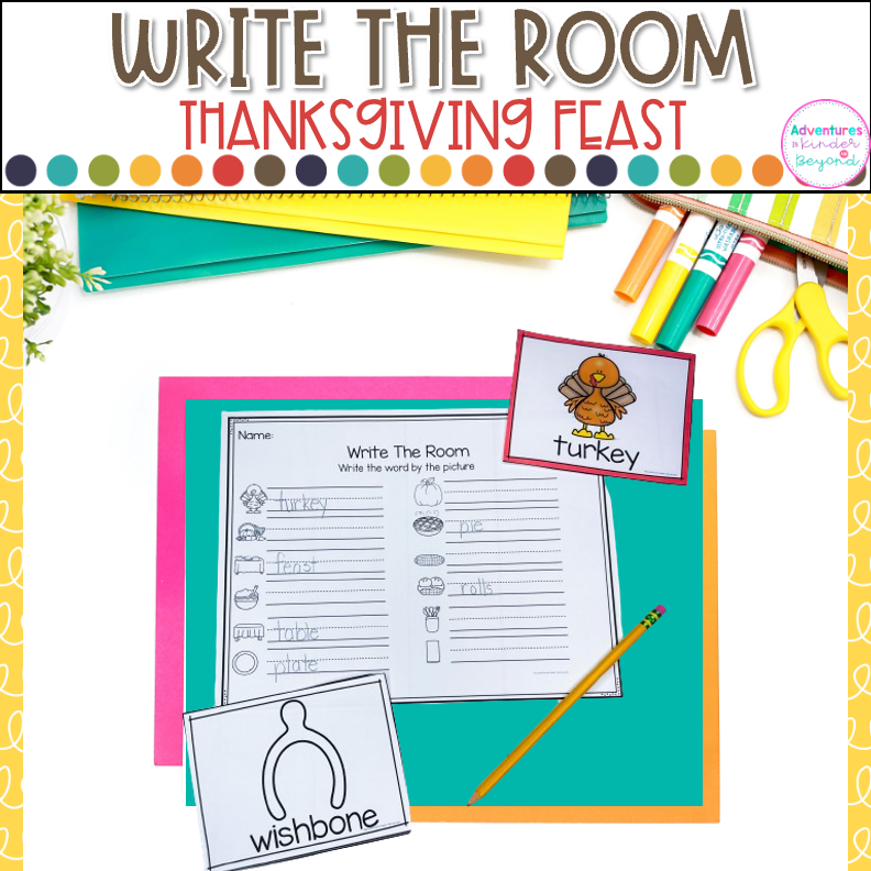 Thanksgiving Write the Room activity for kindergarten featuring seasonal vocabulary words, writing practice, and literacy center activities.